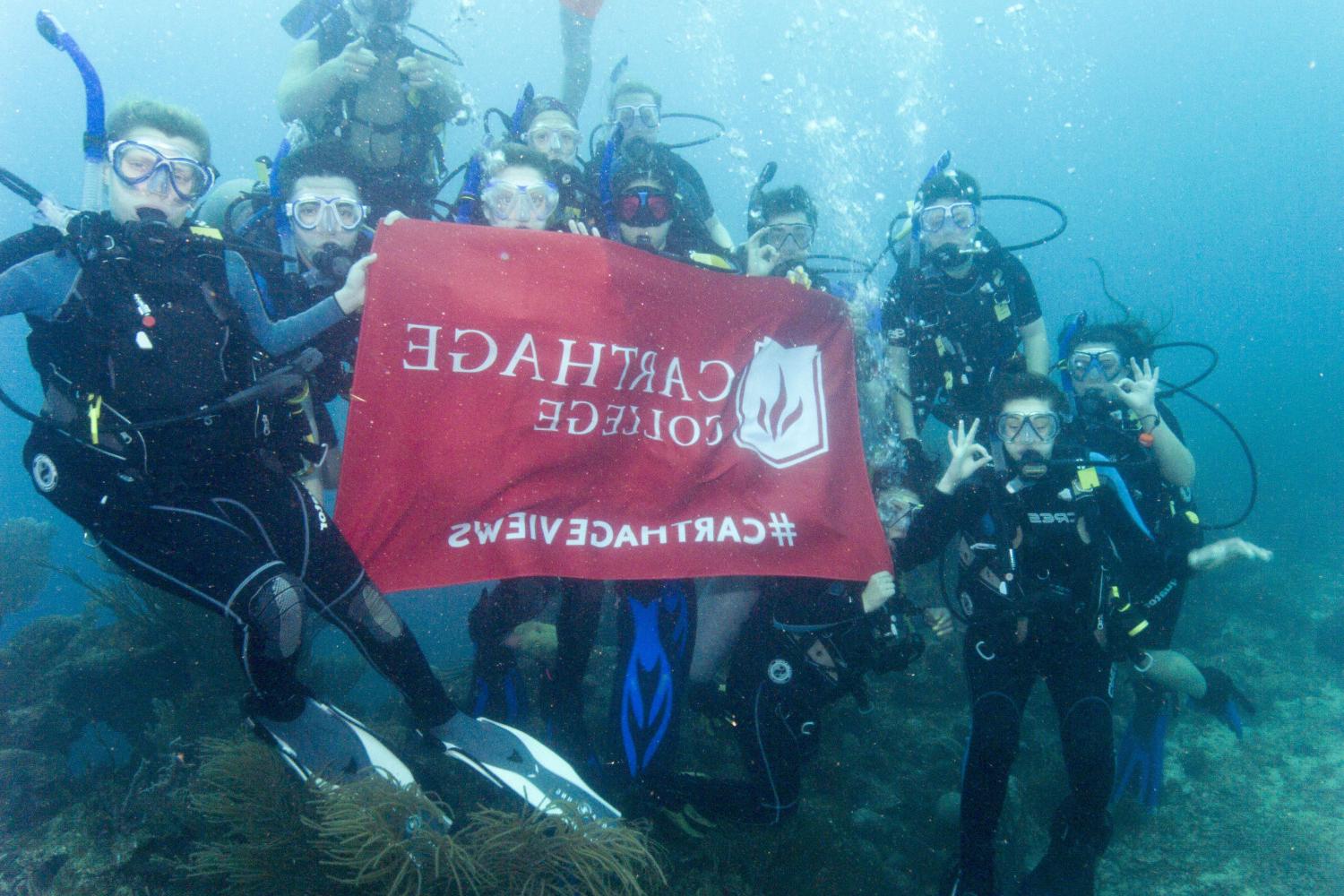 学生们手持<a href='http://iyyg.ngskmc-eis.net'>bv伟德ios下载</a>旗帜，在j学期洪都拉斯游学之旅中潜水.